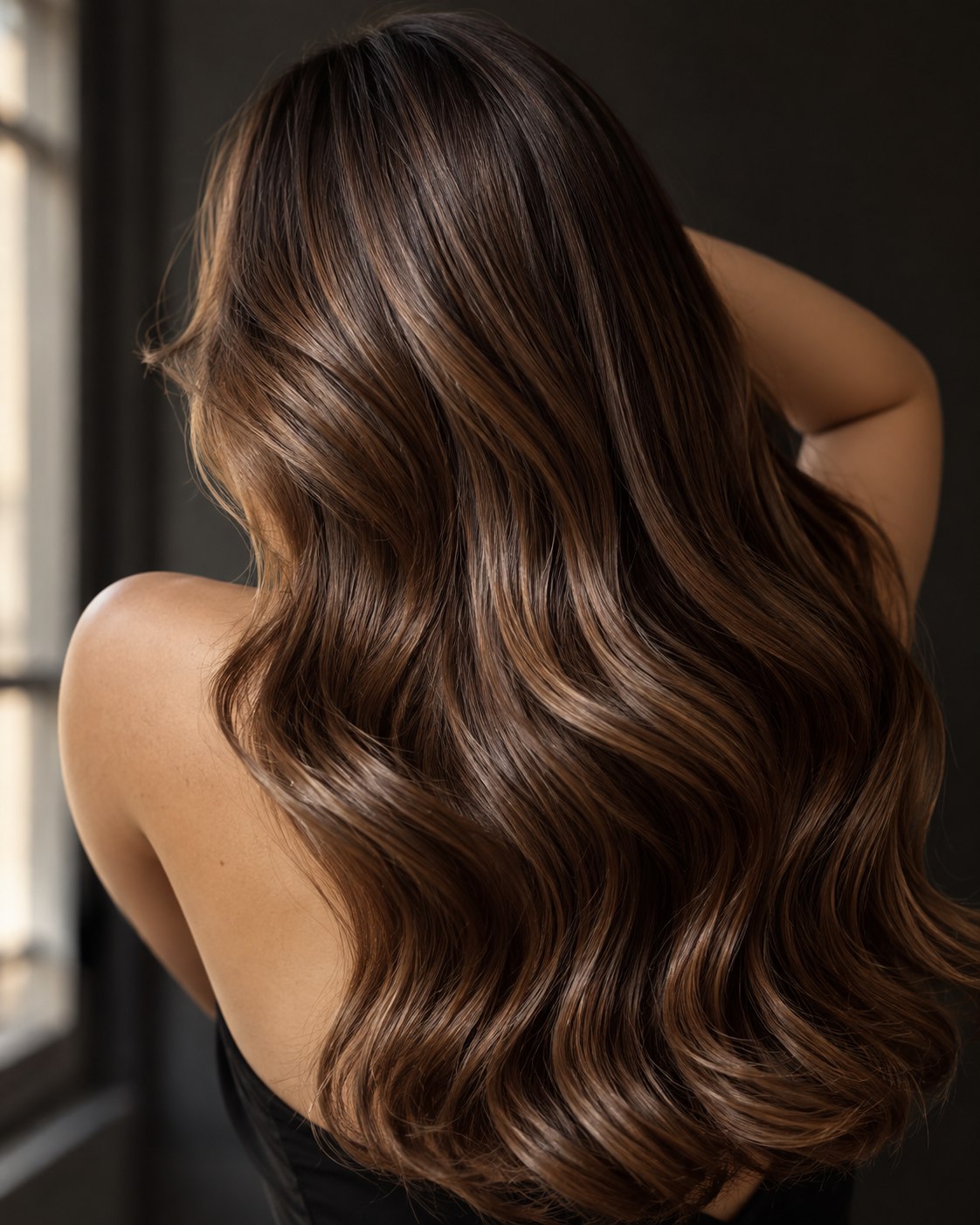 Glossy chestnut hair styled in soft waves